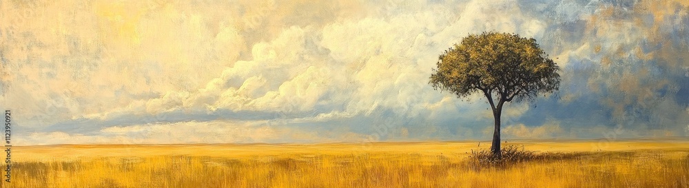 Fototapeta premium Solitary Tree in Golden Field Under Cloudy Sky
