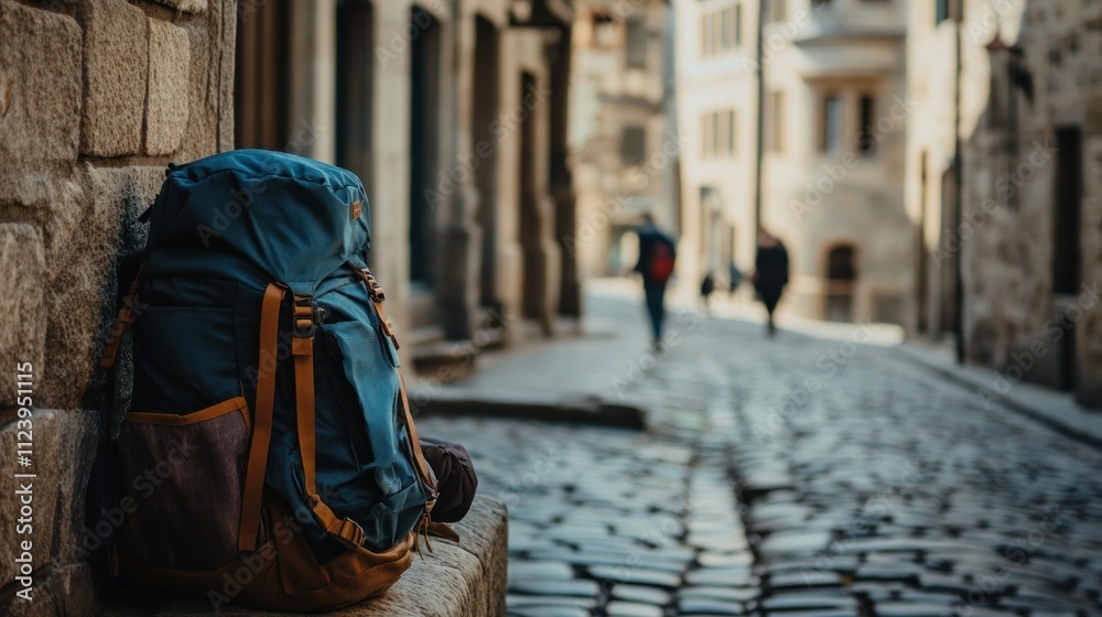 Naklejka premium Backpack rests against a stone wall in a quaint European street