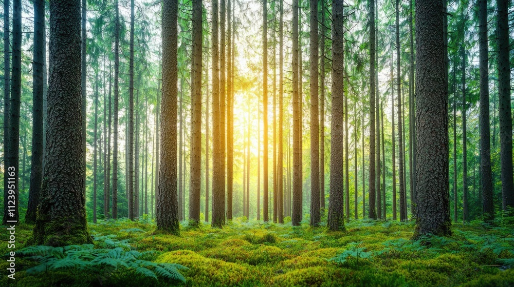 Naklejka premium A serene forest scene with tall trees and sunlight filtering through the leaves.