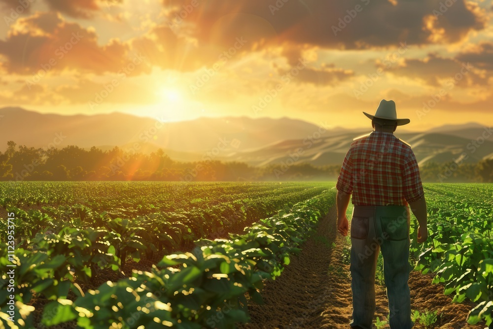 Fototapeta premium Agriculture in Action. Farmer inspecting a field of crops concept