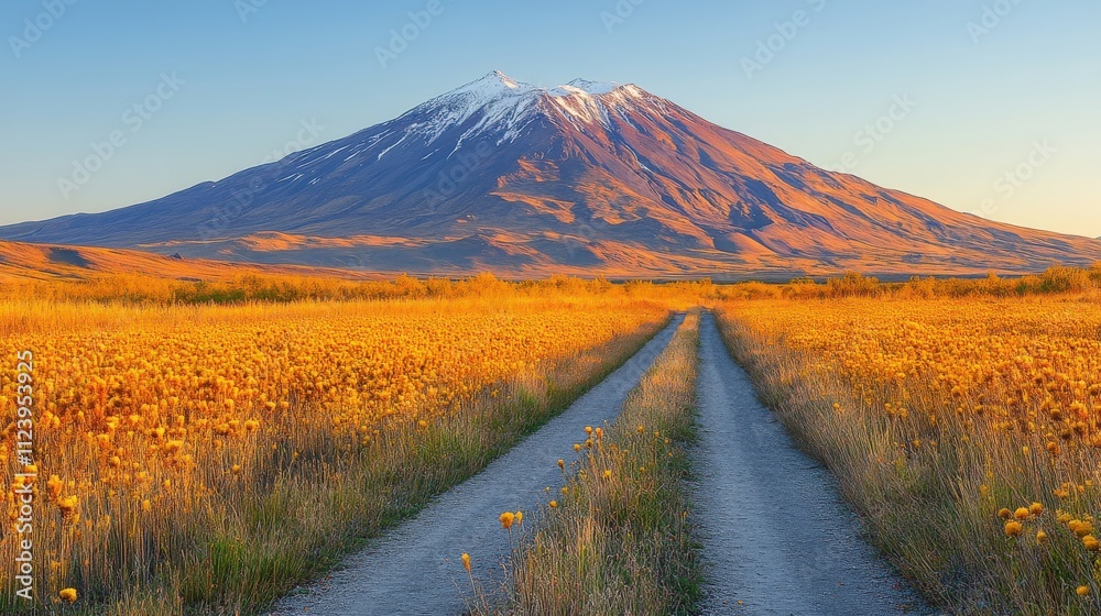 Obraz premium A tranquil gravel road leads through golden fields toward a snow-capped mountain at sunset.