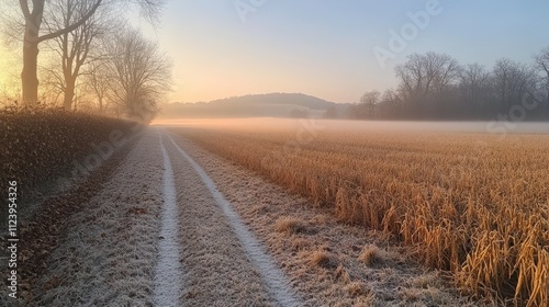 A tranquil winter landscape with a frosty path leading through golden fields at sunrise.