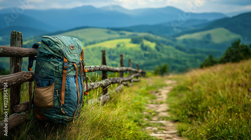 well worn backpack rests against rustic fence in scenic landscape