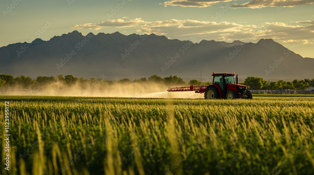 Fototapeta premium Red tractor working in a green field with mountains in the background at sunset. Scenic agricultural landscape with dust trail. Background for design and print