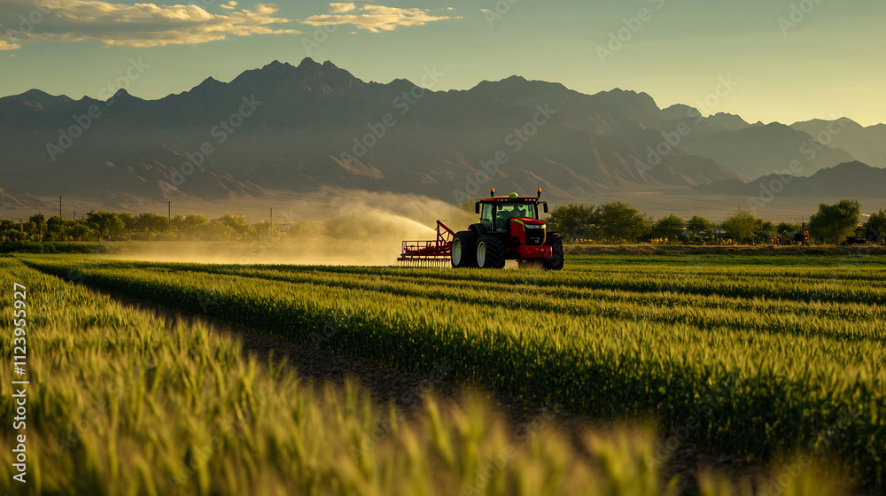 Fototapeta premium Red tractor working in a green field with mountains in the background at sunset. Scenic agricultural landscape with dust trail. Background for design and print