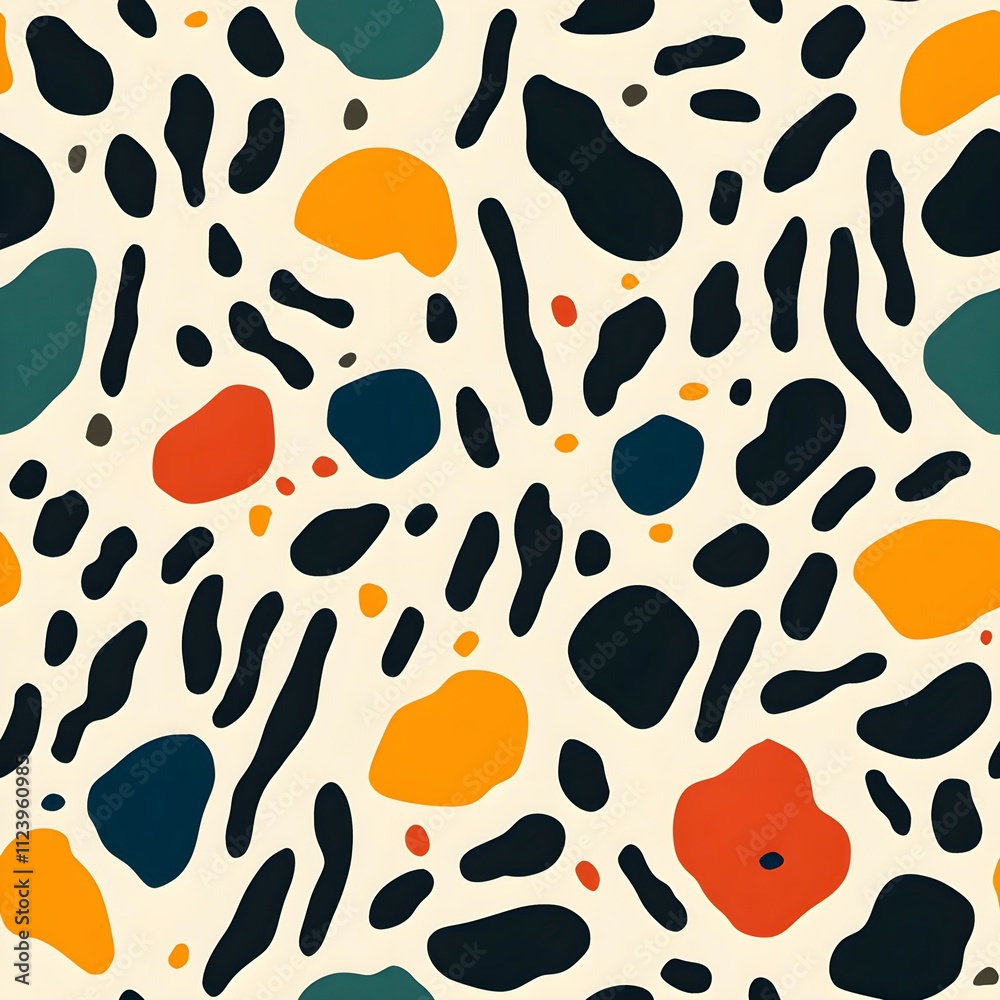 Fototapeta premium Abstract Animal Print Inspired Design with Bold Black Stripes and Colorful Orange, Green, and Blue Shapes on a Beige Background, Depicting a Creative and Modern Interpretation of Nature Patterns
