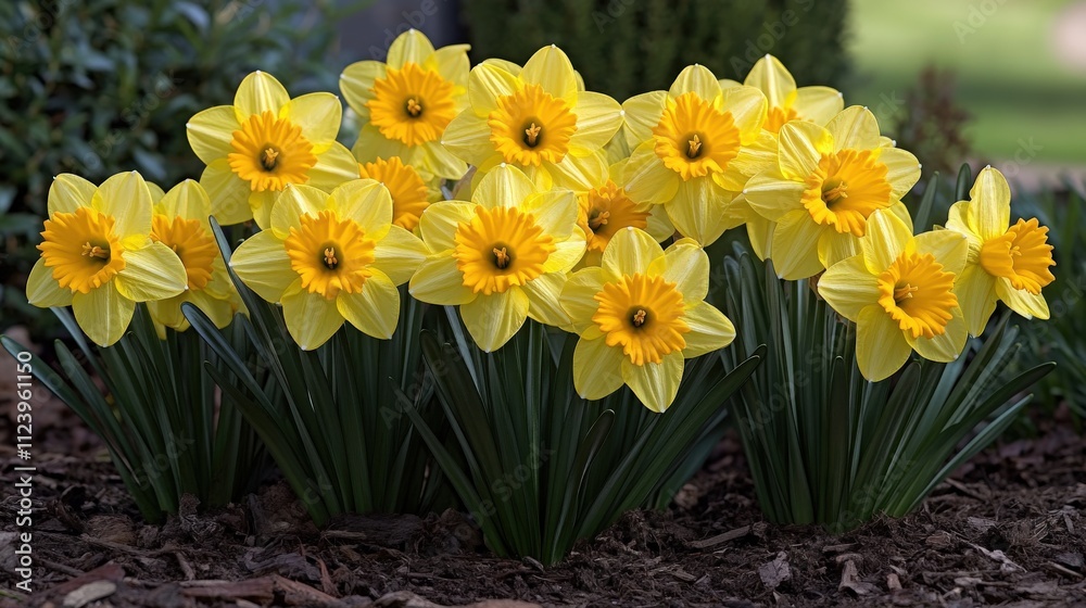 Fototapeta premium A vibrant cluster of yellow daffodils blooming in a garden setting.