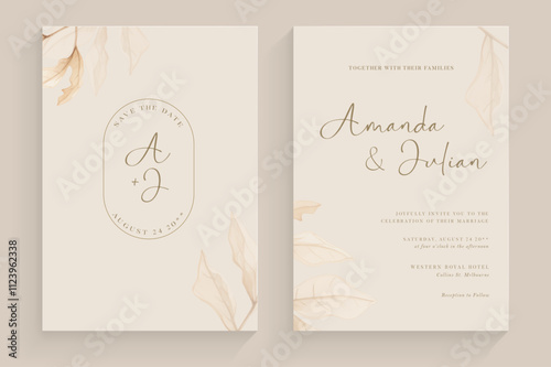 Aesthetic Wedding Invitation with Brown Leaves Watercolor