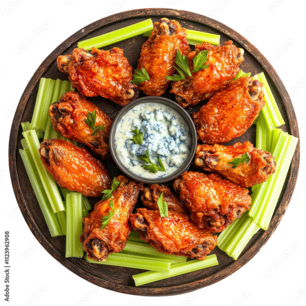 Fototapeta premium Delicious fried chicken wings served with celery and dipping sauce