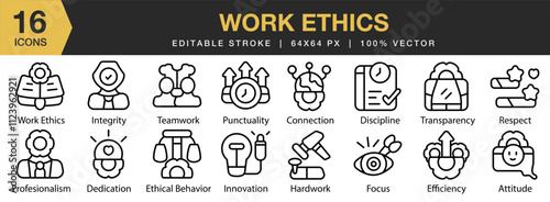 Work Ethics icon set. Editable Stroke Icon Collection. Includes integrity, management, professional, attitude, ethical, and More. Outline icons vector collection.