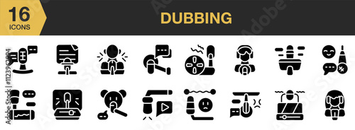 Dubbing solid icon set. Includes studio, sound, dubbing, voice, microphone, radio, and More. Solid icons vector collection.