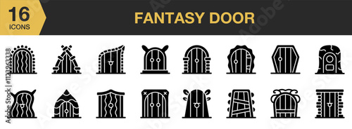 Fantasy Door solid icon set. Includes doorway, way, surreal, imagination, mysterious, and More. Solid icons vector collection.