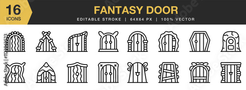 Fantasy Door icon set. Editable Stroke Icon Collection. Includes fantasy, door, entrance, gate, portal, doorway, and More. Outline icons vector collection.