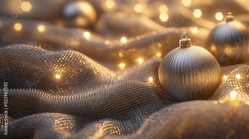 Festive Holiday Scene with Metallic Baubles and Sparkling Fabric - made with Generative AI photo