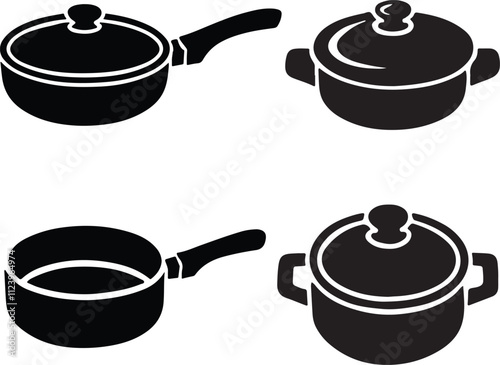 Set of Non stick cooking pan and pot silhouette design vector art illustration
