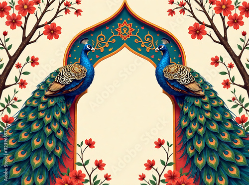 Invitation design featuring middle eastern seamless pattern and Mughal arch with peacock illustration generative ai 2025.