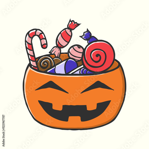 Halloween pumpkin bucket filled with candy, hand-drawn, vector illustration