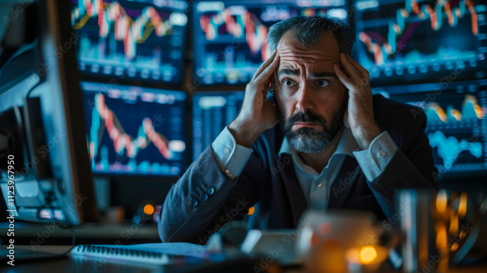 Obraz premium stressed, worried stock trader sitting at a desk in front of multiple computer monitors