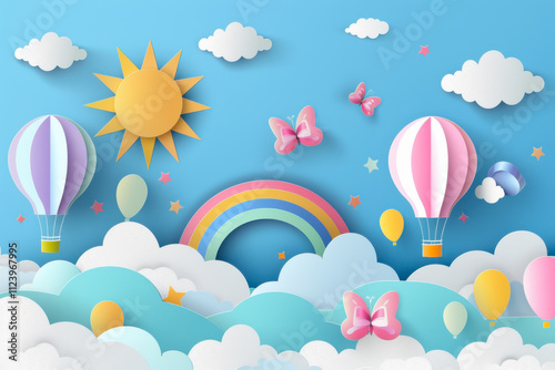 Beautiful fluffy clouds on blue sky background with summer sun