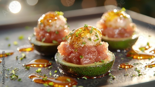 Gourmet stuffed mini avocados with tuna tartare elegant dining culinary delights soft lighting close-up exquisite presentation