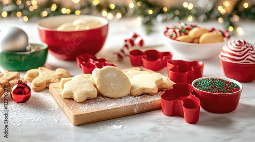 Festive Holiday Baking Setup with Sugar Cookies, Red Bowls, Sprinkles, and Christmas Decor on a Marble Countertop photo