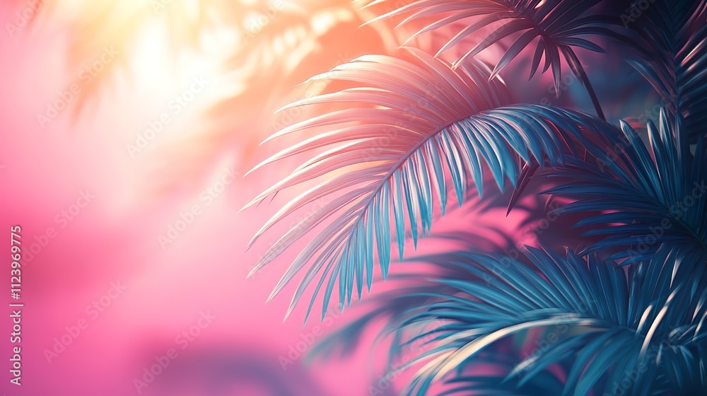 Fototapeta premium vibrant tropical leaves in blue and pink, dark clean background, modern flat lay concept.