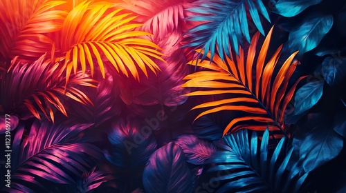 radiant tropical palm leaves, colorful neon lighting, deep background, dynamic minimalism, vibrant nature theme.