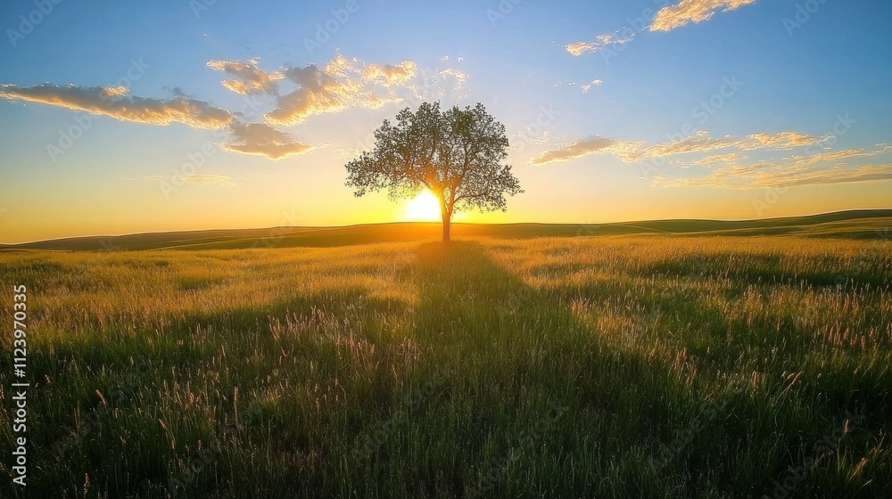 Fototapeta premium Solitary Tree Silhouette Sunset Prairie Landscape