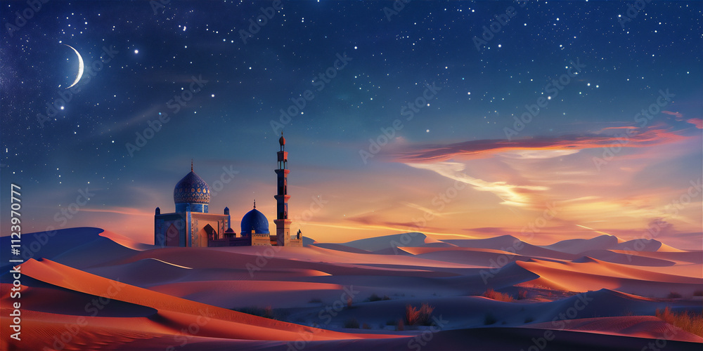 Obraz premium Mosque in beautiful landscape for Islamic greeting background, version 54