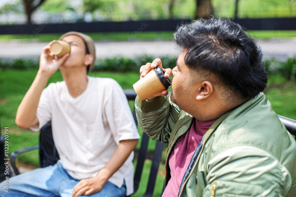 Obraz premium Portrait Of Two Young Man Drinking Coffee Together at Park