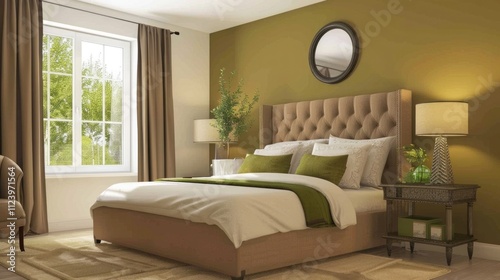 This stylish bedroom showcases an orange accent wall, complemented by low-profile furniture and warm-toned decor that energizes the space