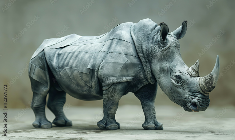 Fototapeta premium A detailed rhino sculpture stands against a simple background, demonstrating artistry and craftsmanship.