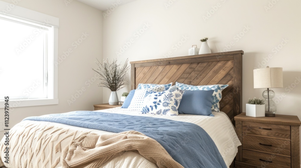 Obraz premium This bright bedroom features a reclaimed wood headboard, teal bedding, and subtle decorations, creating a fresh and inviting space