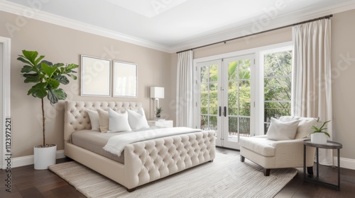 A stylish white bedroom showcases a tufted bed, neutral furnishings, and a potted plant, creating a calm and inviting retreat