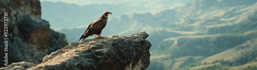 Golden Eagle Perched on Mountaintop Rock Overlooking Valley