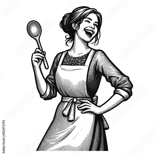 A woman in an apron holding a wooden spoon and laughing, line sketch engraving. black and white