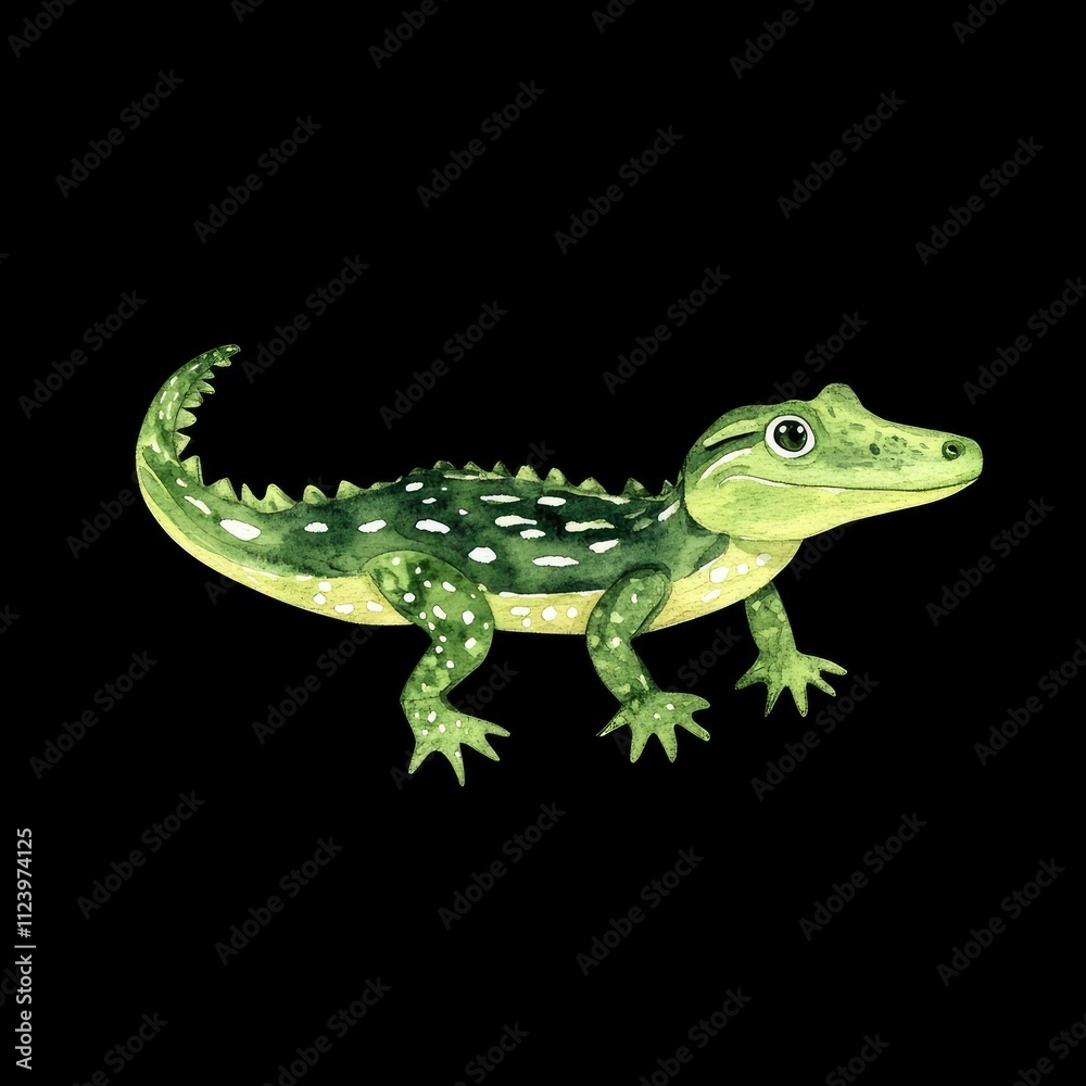 Fototapeta premium Watercolor Illustration of a Green Crocodile with White Spots