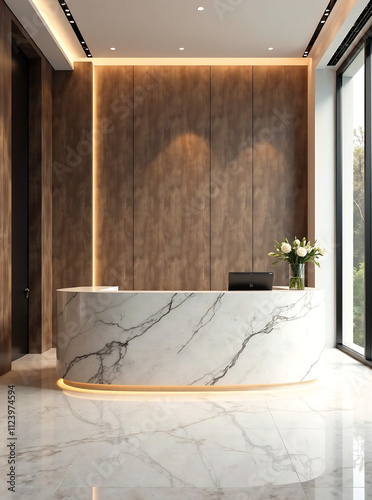 Stylish minimalist interior of a hotel lobby or reception area for a beauty salon, spa or private medical clinic with a marble counter- Generative Ai 