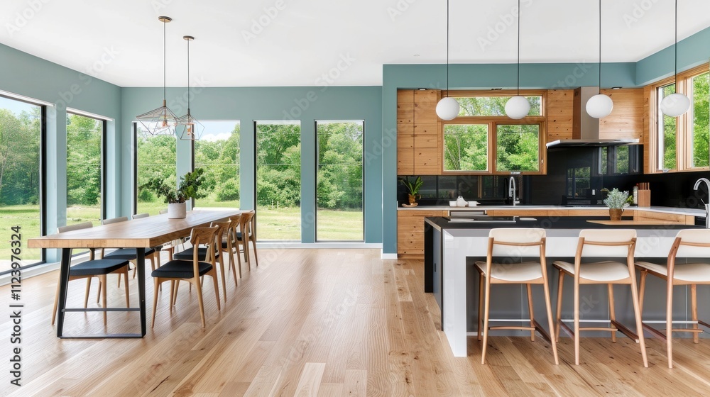 Fototapeta premium Spacious kitchen and dining area featuring large windows, wooden accents, and a light color palette creating a bright atmosphere