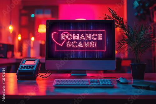 Bright neon sign on computer about romance scams in a modern office setting
