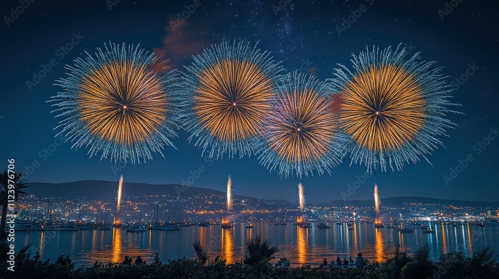Fototapeta premium A vibrant firework display over a serene waterfront cityscape at night.
