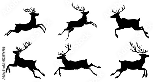 Set of 6 Black Deer Silhouettes, Jumping Reindeer Clipart