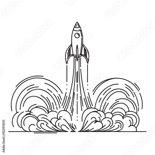 One continuous single drawing black line art doodle of a rocket launching
