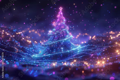 Futuristic neon pink and blue christmas tree with glowing rings and stars for cyber monday