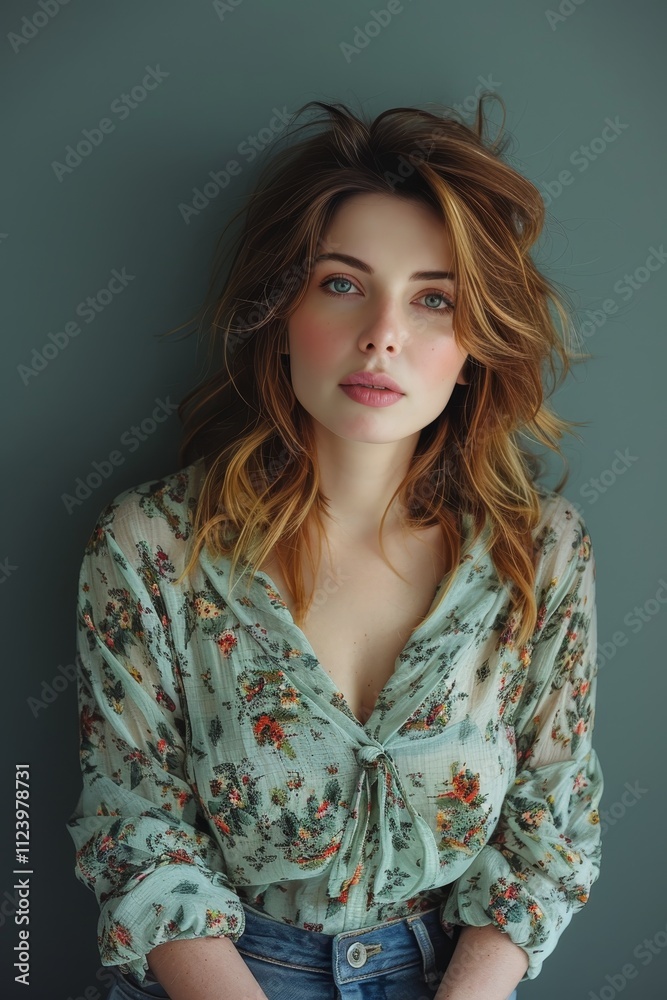 Stylish plus size model poses elegantly in chic white shirt and jeans against gray background Stylish plus size model poses elegantly in chic white shirt and jeans against gray background