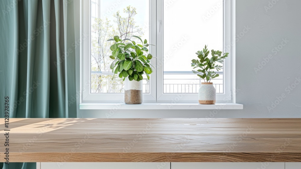 Fototapeta premium Bright indoor space features green plants on a windowsill, showcasing modern design with natural light and a wooden countertop