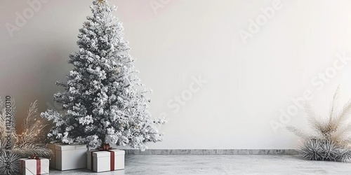 White Christmas-themed loft room with concrete flooring and wall, featuring a Christmas tree and gift box. , isolated on white background,  , copy space, copy space for text,