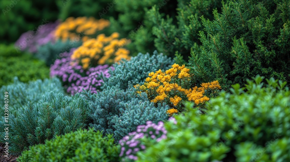 Obraz premium A vibrant garden scene featuring colorful flowers and lush greenery.
