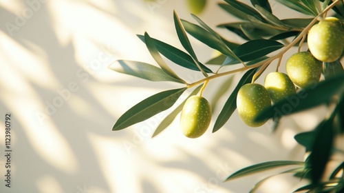 Wallpaper Mural Sunlit green olives on branch with leaves against a light background. Torontodigital.ca