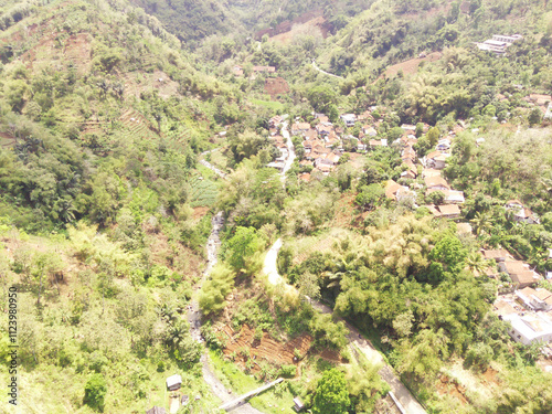 Dry valley in summer from aerial perspective. Drought hit the valley in the highlands of Cicalengka, Indonesia. Summer Heat. Landscape Nature view. photo